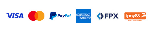 Available Payment Methods - Visa, Mastercard, Paypal, American Express, FPX, ipay88